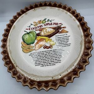 Vintage Country Apple Pie Recipe Stoneware Pie Plate – Rustic Brown Glaze